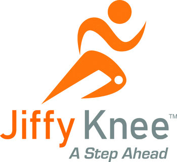 LESS PAIN and FASTER RECOVERYJiffy Knee logo. A Step Ahead.